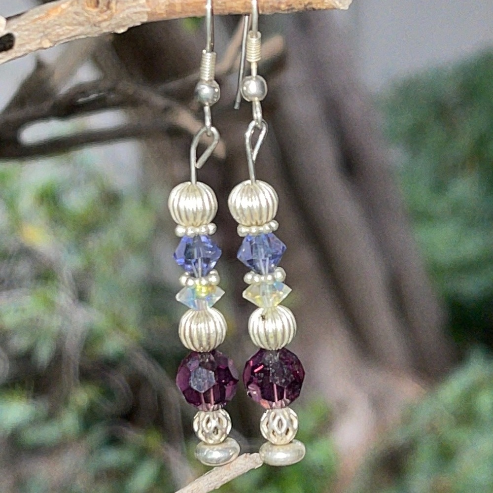 Vintage Silvertone Bead & Swarovski Crystal Pierced Earrings